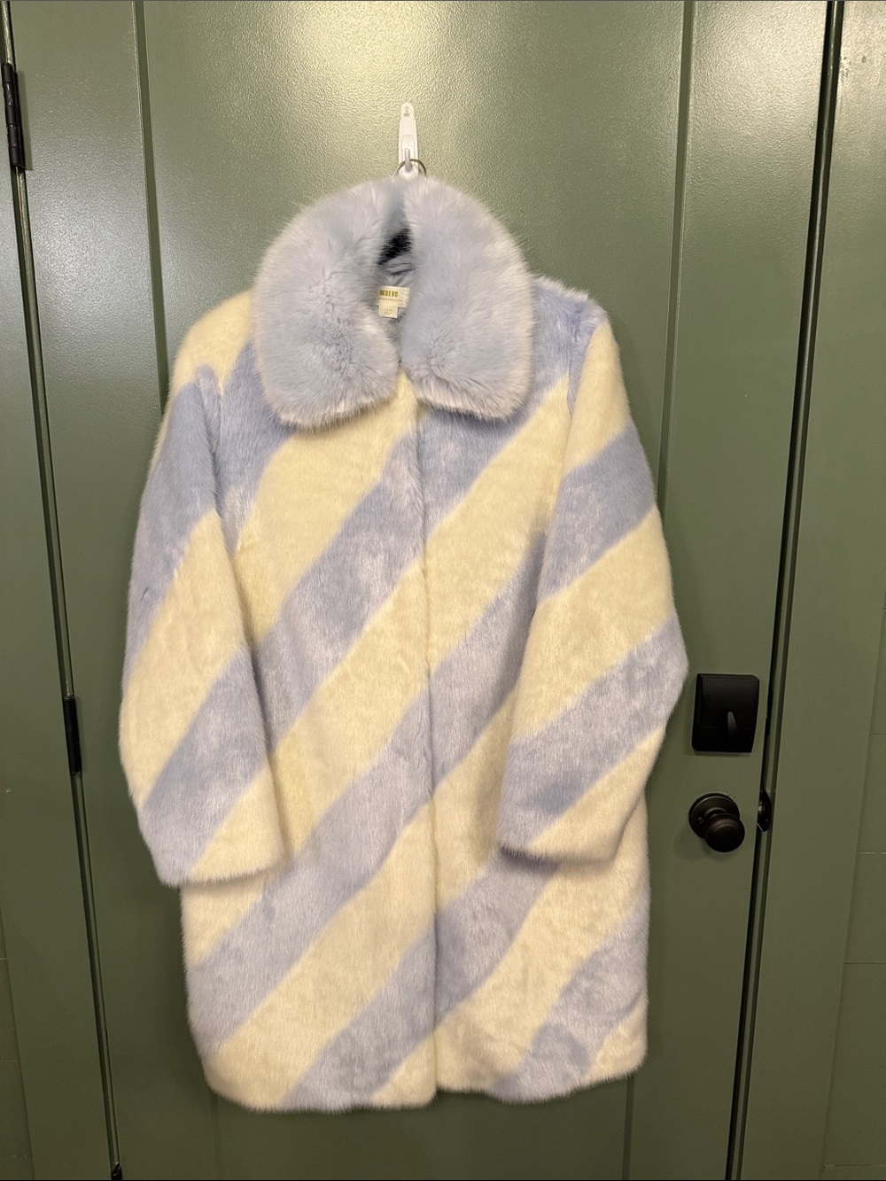 Anthropologie Maeve Pastel Blue and Cream Faux Fur Jacket